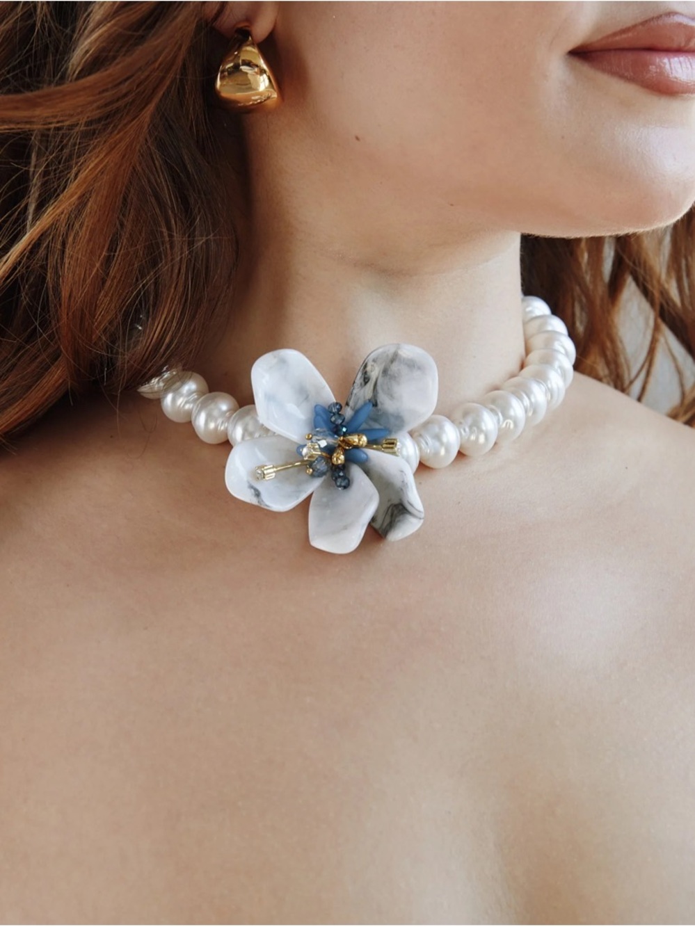White Pearl Choker Necklace with Marble Flower Accent (not real pearls)